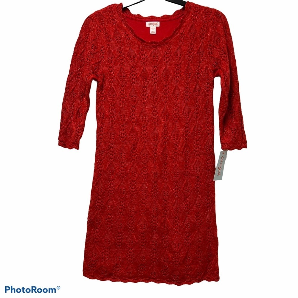 Cat & Jack Red Sparkly Lined Knit Long Sleeve Dress NWT